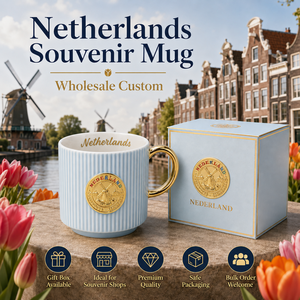 Netherlands Souvenir Ceramic Coffee Mug 3D Windmill Landmark With Gold Metal Badge