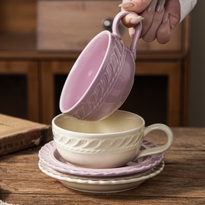 Soft Macaron Two Tone Wheat Embossed Ceramic Coffee Cup Set For Home Afternoon Tea